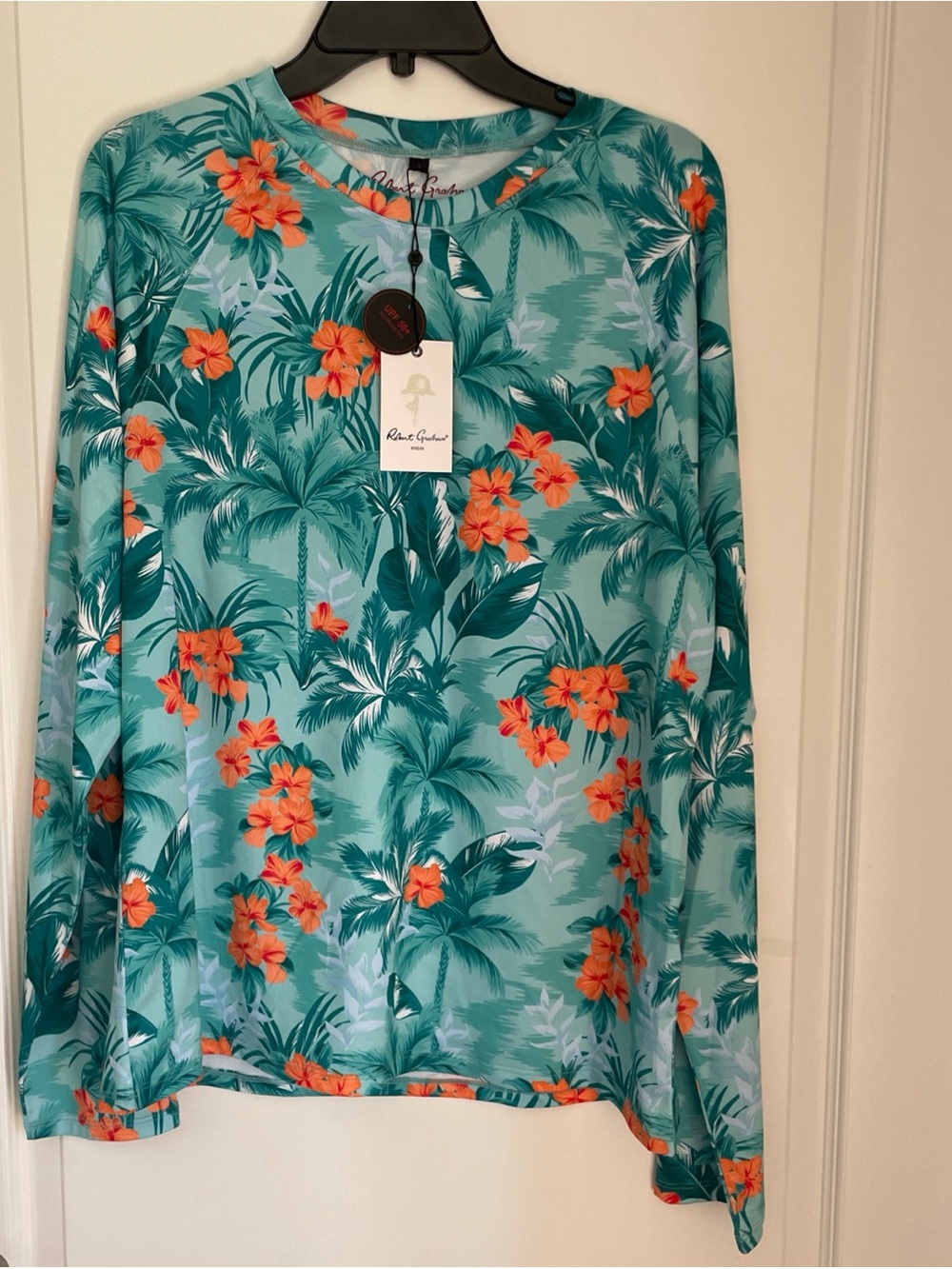 Robert Graham Tropical Forest Cabbage Long Sleeve Sun Protection Shirt Top L NWT
